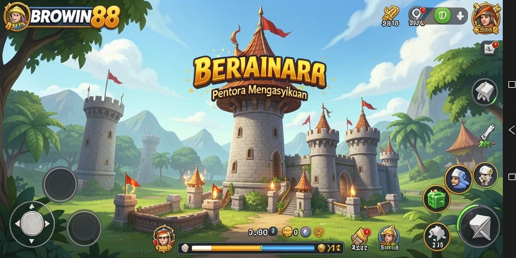 Screenshot gameplay BROWIN88 menampilkan aksi pertahanan menara yang intens.