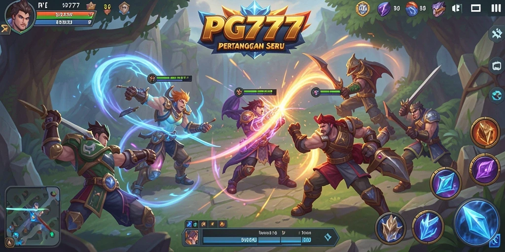 Screenshot utama PG777 menampilkan pertarungan intens dalam arena MOBA.