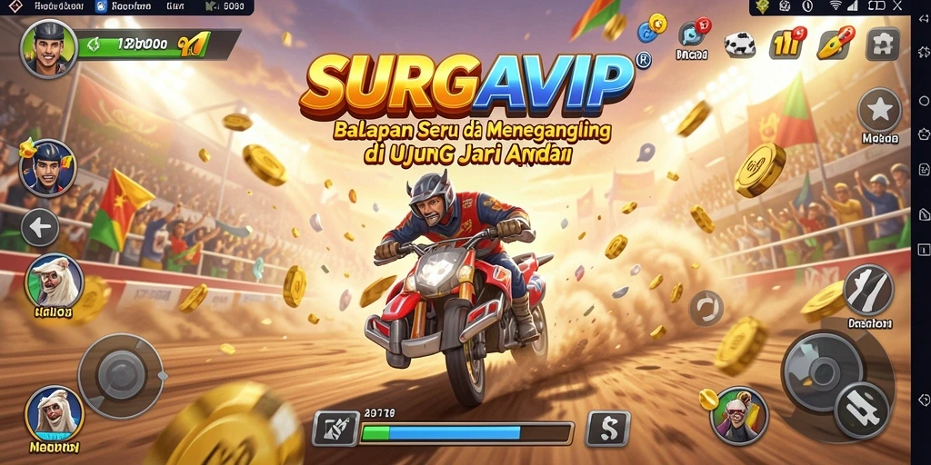 Screenshot gameplay SURGAVIP yang menunjukkan balapan mendebarkan di trek yang menantang.