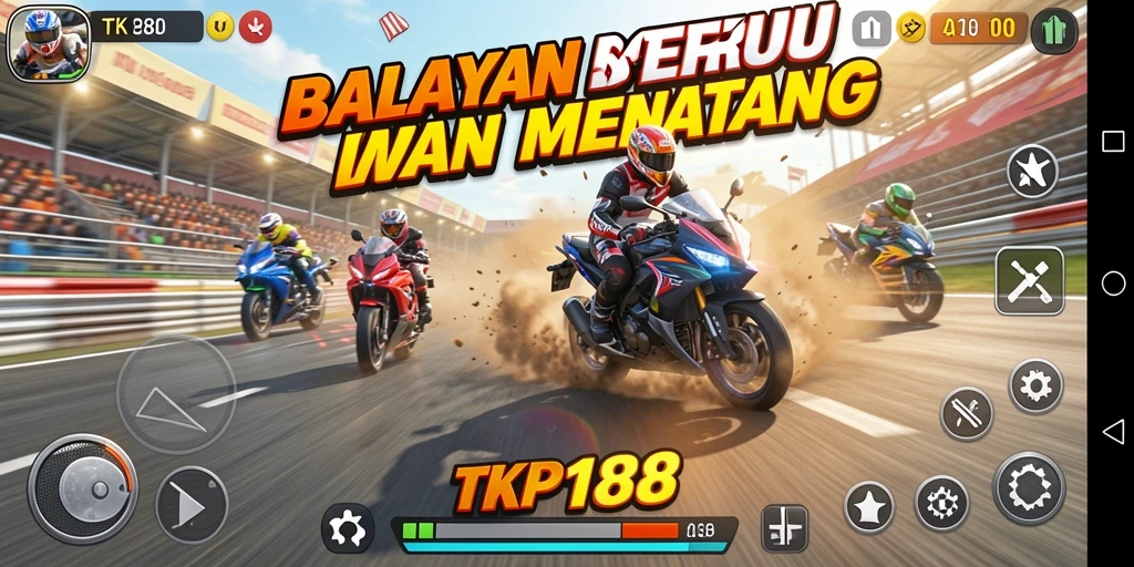 Screenshot utama TKP188 menampilkan intense gameplay balapan motor.